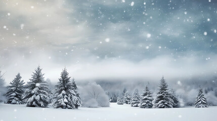 Fototapeta premium Snow-Covered Pines Under a Misty Sky