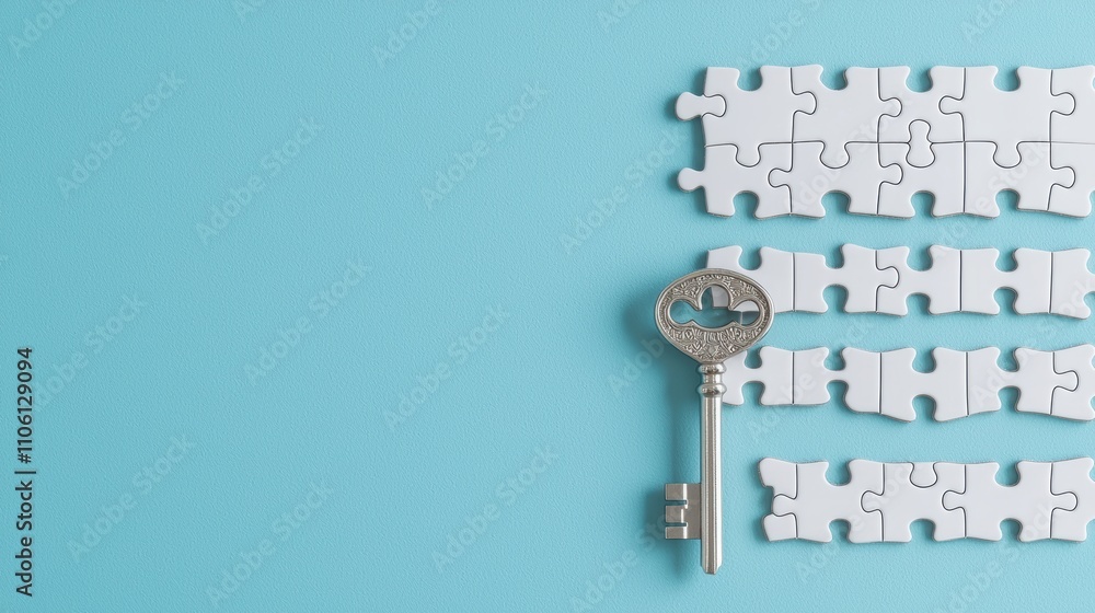 Poster a silver key with its head shaped like a puzzle piece, placed next to a partially completed jigsaw p