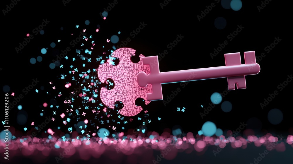 Poster an abstract composition featuring a glowing key and a puzzle piece merging together, symbolizing the