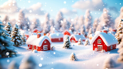 Naklejka premium A cozy cabin nestled in a snowy forest, surrounded by tall trees. Snow-covered vehicles and colorful suitcases are positioned outside, creating a picturesque winter travel scene.