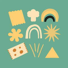 Abstract geometric shapes and icons. 