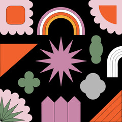Abstract geometric shapes and icons. 