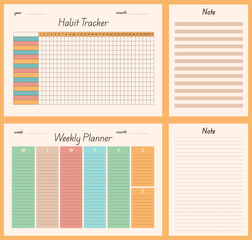 Planner template set, habit tracker, weekly planner, notes, to do list, checklist, time menagement concept, minimalist template page, organiser on beige background for papers