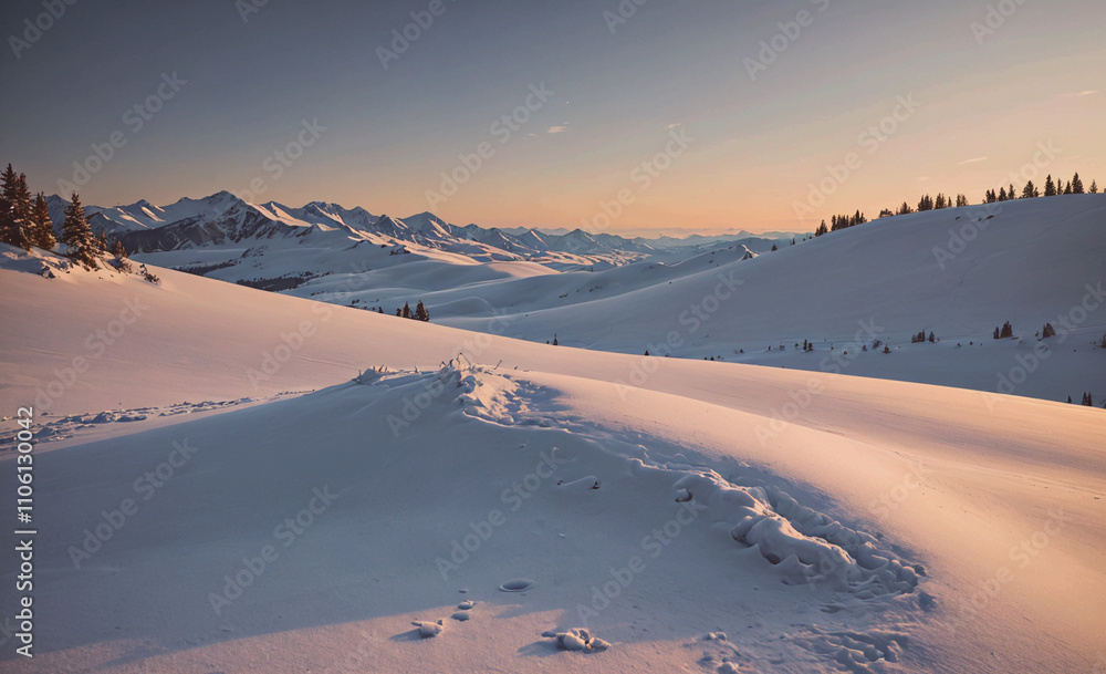 Poster Snow covered mountain range with a snow covered hill in the foreground. The sun is setting in the background