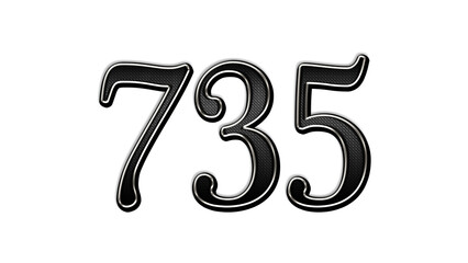 black metal 3d design of number 735 on white background.