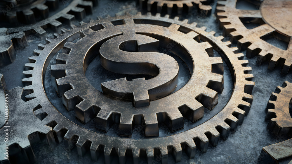 Aufkleber close-up of metallic gears rotating with a dollar sign, symbolizing financial mechanisms and economi