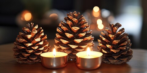 Decorative pinecone arrangement placed on a festive dining table, illuminated by soft candlelight, creating a warm ambiance