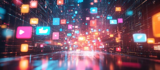 Obraz premium Abstract digital background with colorful social media icons floating in a futuristic cityscape.