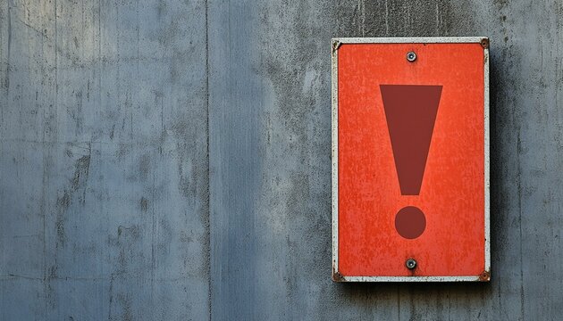 A bright red sign with a bold exclamation mark, mounted on a grey wall. The contrast between the vibrant red and the muted grey background emphasizes the importance of the warning