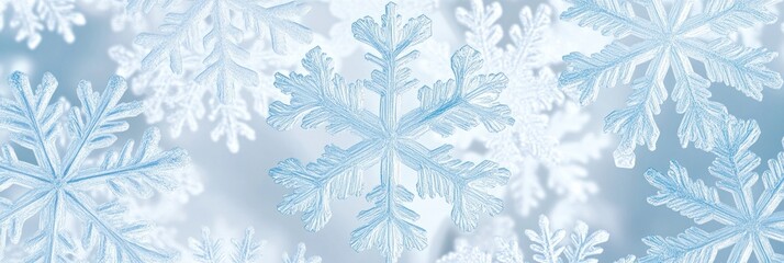 A close-up of delicate snowflakes against a soft blue background, evoking winter's beauty.