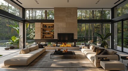 Modern Luxury Living Room with Fireplace, Large Windows, and Forest View