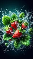 Vibrant Strawberry Leaves Surrounded by Dynamic Water Splashes