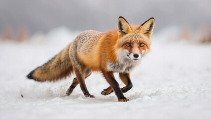 Fototapeta premium Red Fox Sprinting Across Snowy Terrain