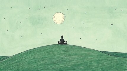 A serene figure meditates on a hill under a large moon, surrounded by stars.