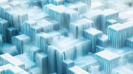 Obraz premium A surreal landscape of icy waterfalls cascading over geometric ice formations.