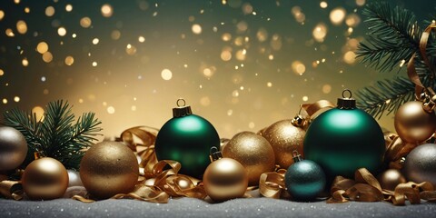 Holiday background Merry Christmas and Happy New Year. Xmas design with realistic festive objects, sparkling lights garland, green gift box, ball bauble, glitter gold confetti. Horizontal banner. Hori