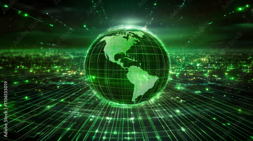 Poster green digital planet earth rotating on futuristic matrix background with binary code and particles f