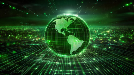 Obraz premium Green digital planet earth rotating on futuristic matrix background with binary code and particles flowing, concept of big data, global network and technology