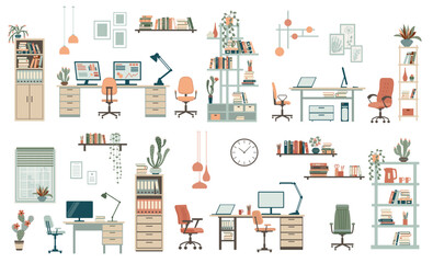 Furniture collection for office interior design with chair and manager table with laptop, lamp, bookcase. Home office interior  flat design