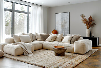 Minimalist, scandinavian home interior design of modern living room. Bright family room with modern beige sectional sofa, soft textiles, and large windows overlooking a serene landscape.
