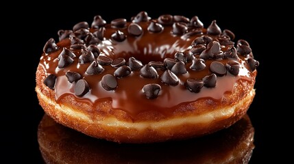Delicious caramel-glazed donut topped with chocolate chips, isolated on black background.