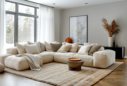 Minimalist, scandinavian home interior design of modern living room. Bright family room with modern beige sectional sofa, soft textiles, and large windows overlooking a serene landscape.