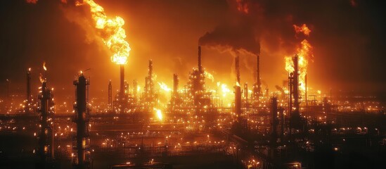 Fototapeta premium A large industrial complex is illuminated by a fire at night. The fire is creating a large plume of smoke.