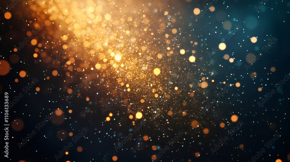 Poster golden particles swirling against a dark background, creating a magical bokeh effect, perfect for fe
