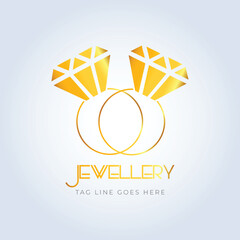 2 Diamond ring, jewelry logo, jewelry shop logo, golden color, creative logo, silver background