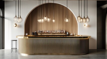 Obraz premium Modern bar interior with arched wood wall, brass counter, and globe pendant lights.