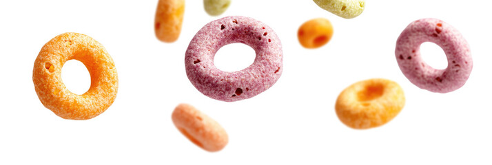 Floating falling multicolored cereal crunchy rings for breakfast isolated on transparent background, PNG. Clipart template 