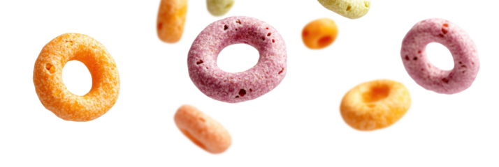 Floating falling multicolored cereal crunchy rings for breakfast isolated on transparent background, PNG. Clipart template 