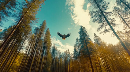 A stunning view of an eagle flying gracefully among tall trees capturing the beauty of nature and the freedom of wildlife in a peaceful sunlit forest