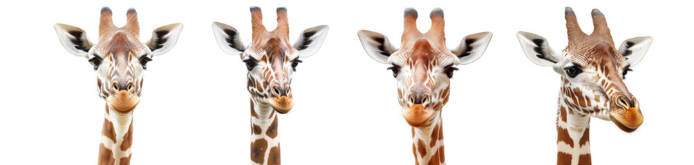 Obraz premium Giraffe head collection isolated on transparent background, PNG. Clipart template 