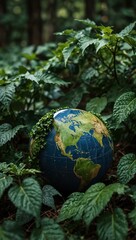 Globe surrounded by green leaves.