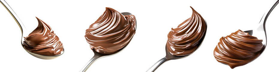 Swirl thick chocolate paste in a spoon collection isolated on transparent background, PNG. Clipart template 