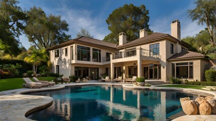 Fototapeta premium A modern villa with a swimming pool and lush tropical landscaping.