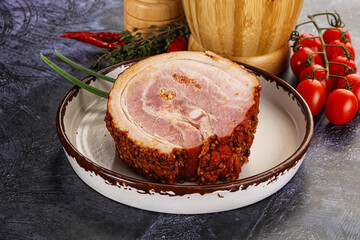 Tasty and fat smoked pork belly