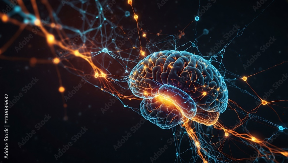 Poster glowing brain illustration with neural connections, symbolizing cognitive function.