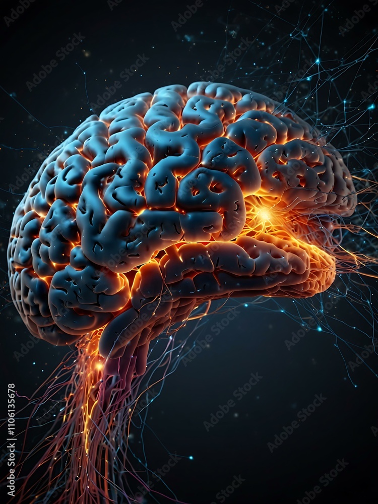 Poster glowing brain with neural connections visualization.