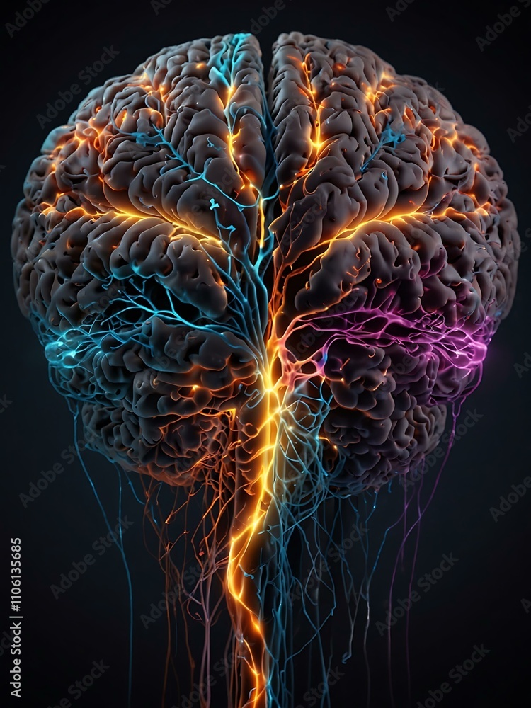 Poster glowing brain with neural connections visualization.