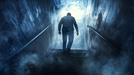Man ascending stairs in smoky dark tunnel with bright light at end, creating mysterious and hopeful atmosphere