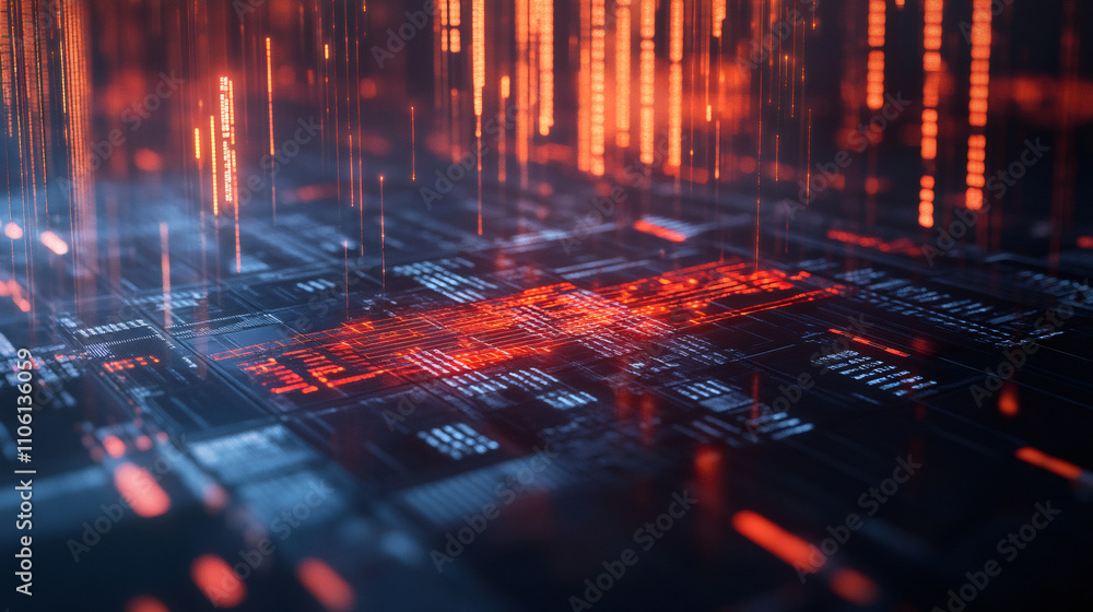 Aufkleber futuristic microchip circuit board with orange data streams, creating a technological and innovative