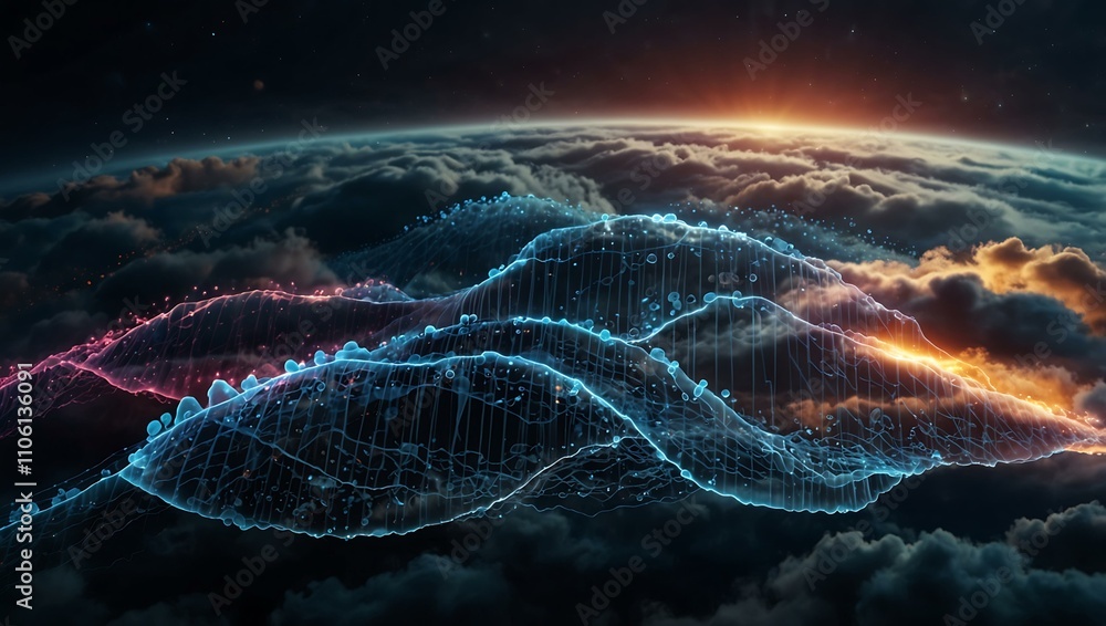 Poster glowing data streams in a futuristic cloud computing concept.