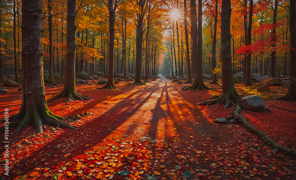 Aufkleber Forest with a path in the middle. The path is surrounded by trees and leaves. The leaves are orange and red