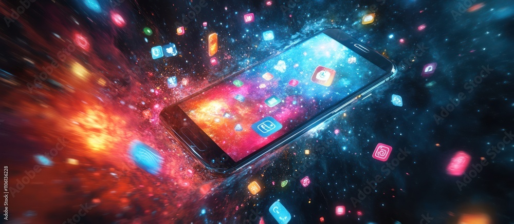 Poster smartphone exploding with colorful apps and symbols in a galaxy background.
