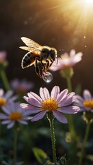 Fototapeta premium Glowing flower with a bee and sparkles in a dreamy setting.