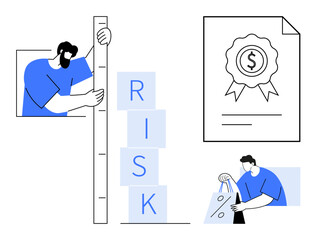 Man measuring risk, certificate with dollar symbol, person handling shopping bags. Ideal for business strategy, risk assessment, financial planning, quality assurance, economic stability, investment