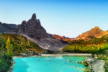 Dolomites Italy. Hiking trail to Sorapis lake near town Cortina d’Ampezzo.