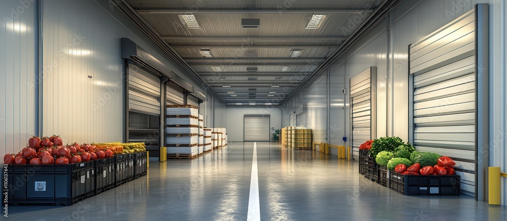 Poster a large empty warehouse with pallets of goods and crates of fresh fruit on both sides of the walkway